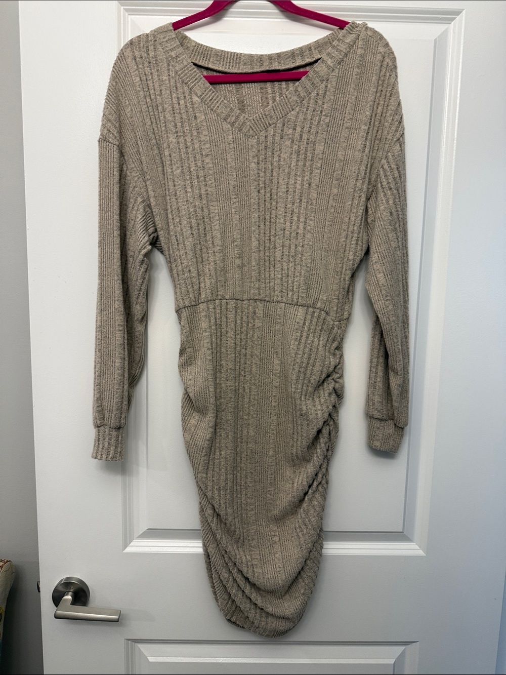 Knit Ruched V-Neck Sweater Dress in Taupe